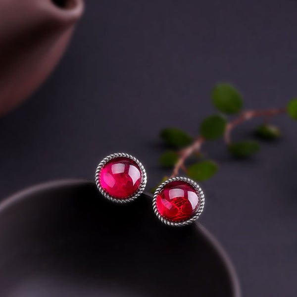 Elegant Ruby Cabochon Earrings, Sterling Silver - ED010278