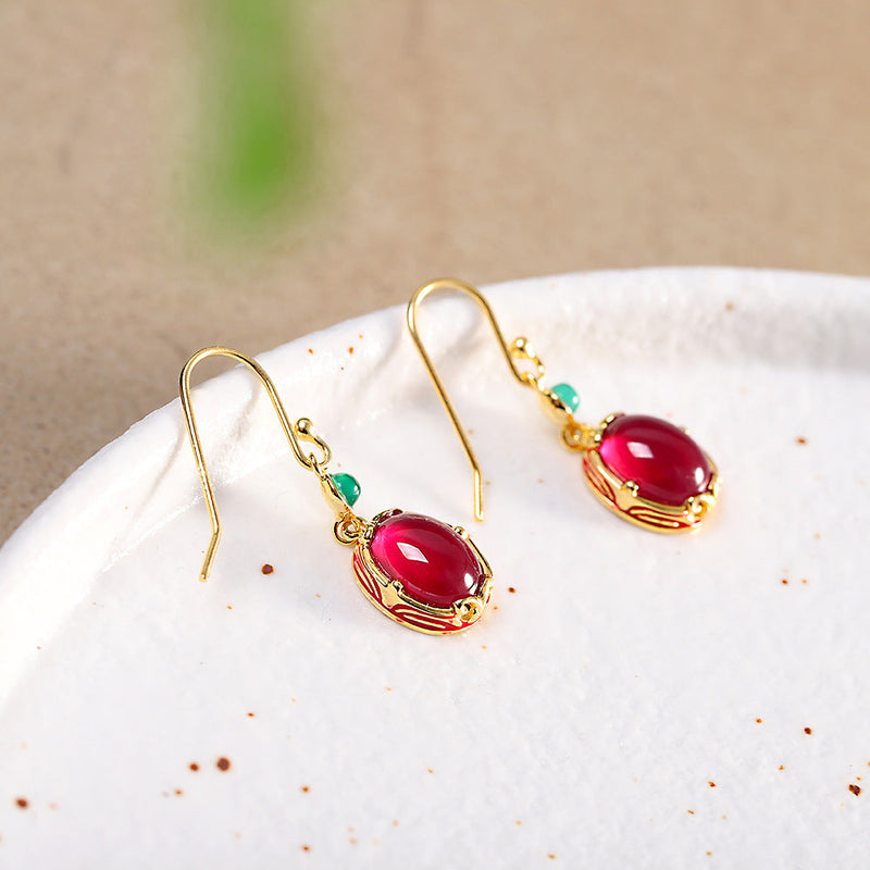 Gold-Plated Ruby Drop Earrings with Turquoise - Elegant Charm