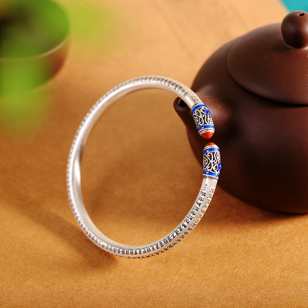 Sterling Silver Tibetan Bangle with Enamel Accents