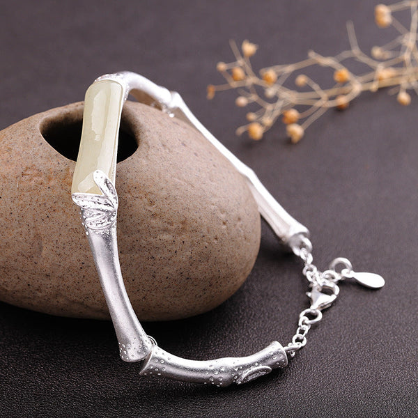 Jade-Inlaid Sterling Silver Bamboo Bracelet - Women