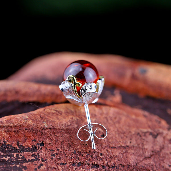 Sterling Silver Lotus Ruby Studs for Women