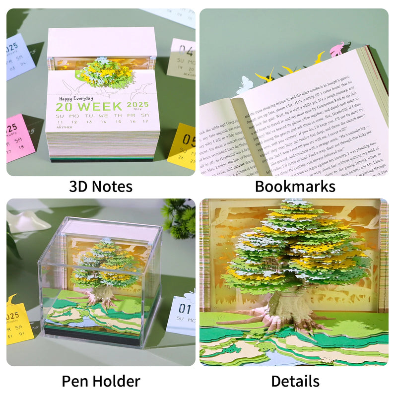 Calendar 2025 Desktop Decor 3D Notepad Sakura Treehouse 3D Memo Pad Block Note Offices Paper Notes Christmas Birthday Novel Gift