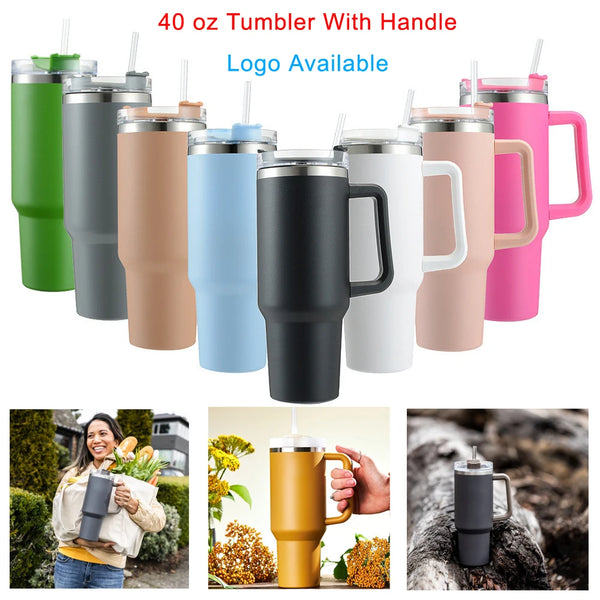 40oz Insulated Stainless Steel Tumbler with Handle, Straw, and Lid