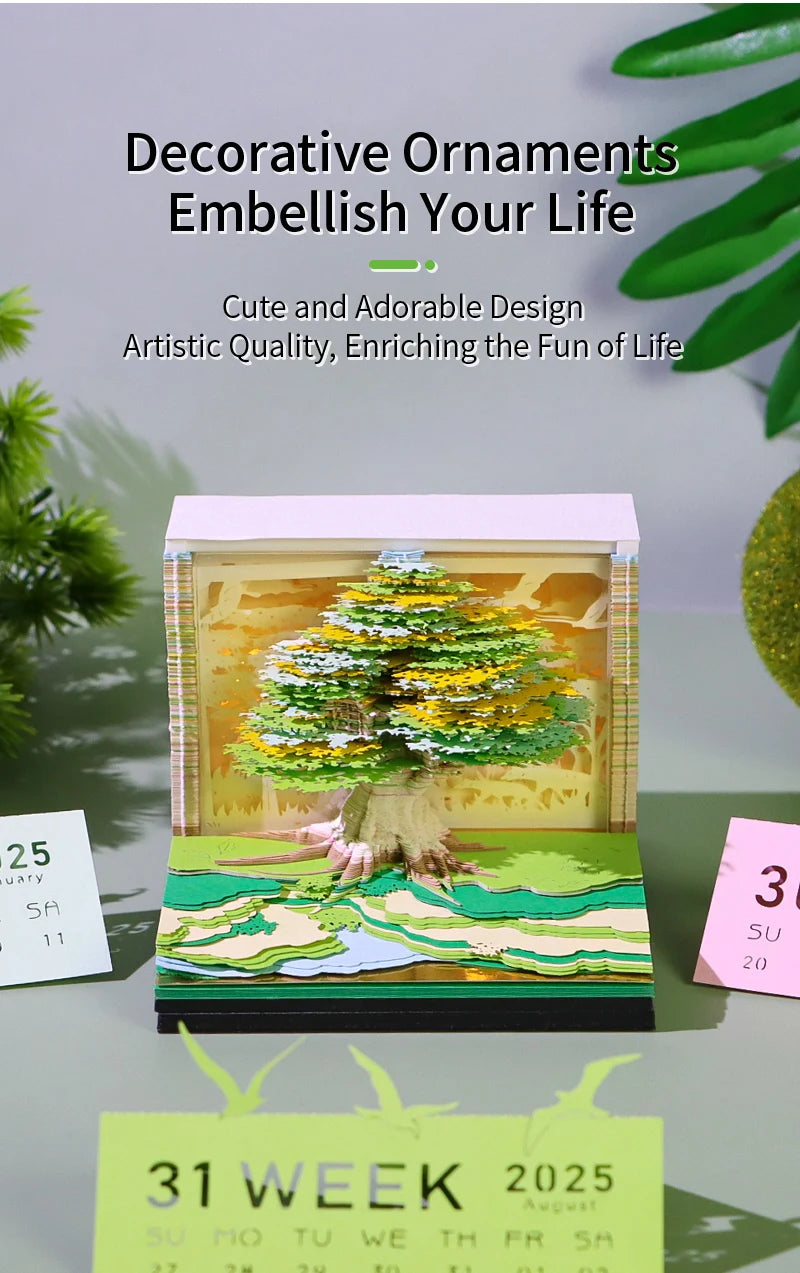 Calendar 2025 Desktop Decor 3D Notepad Sakura Treehouse 3D Memo Pad Block Note Offices Paper Notes Christmas Birthday Novel Gift