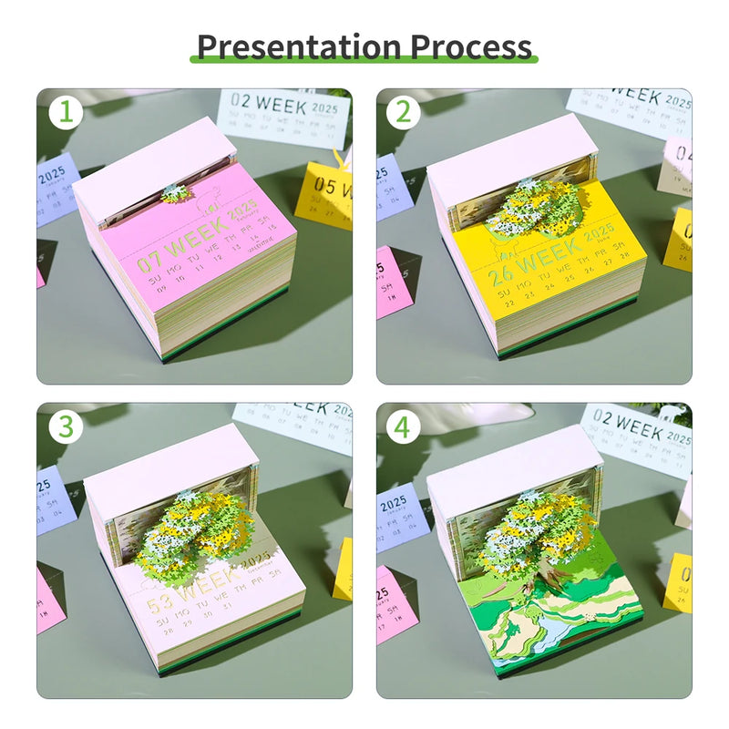 Calendar 2025 Desktop Decor 3D Notepad Sakura Treehouse 3D Memo Pad Block Note Offices Paper Notes Christmas Birthday Novel Gift