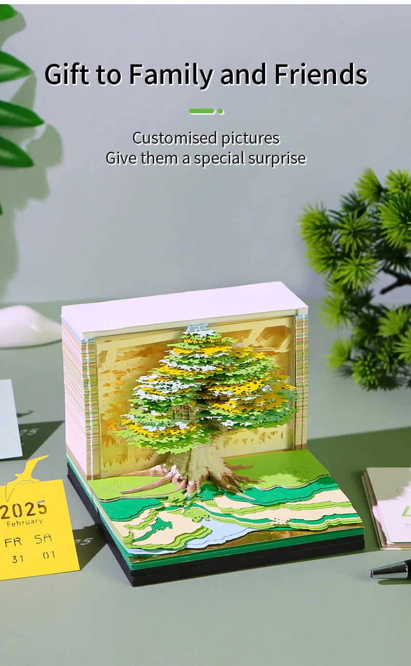 Calendar 2025 Desktop Decor 3D Notepad Sakura Treehouse 3D Memo Pad Block Note Offices Paper Notes Christmas Birthday Novel Gift