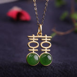 Gold-Plated Jade Dangle Earrings & Pendant Set