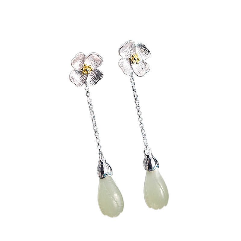 Silver Floral Jade Drop Earrings - Handmade Elegance