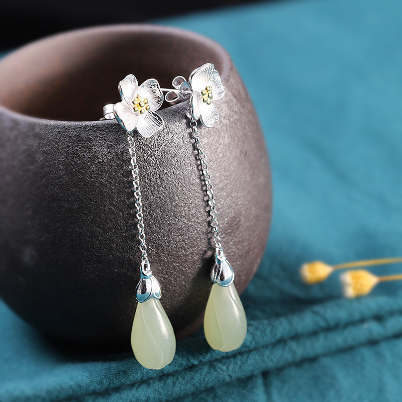 Silver Floral Jade Drop Earrings - Handmade Elegance