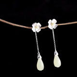 Silver Floral Jade Drop Earrings - Handmade Elegance