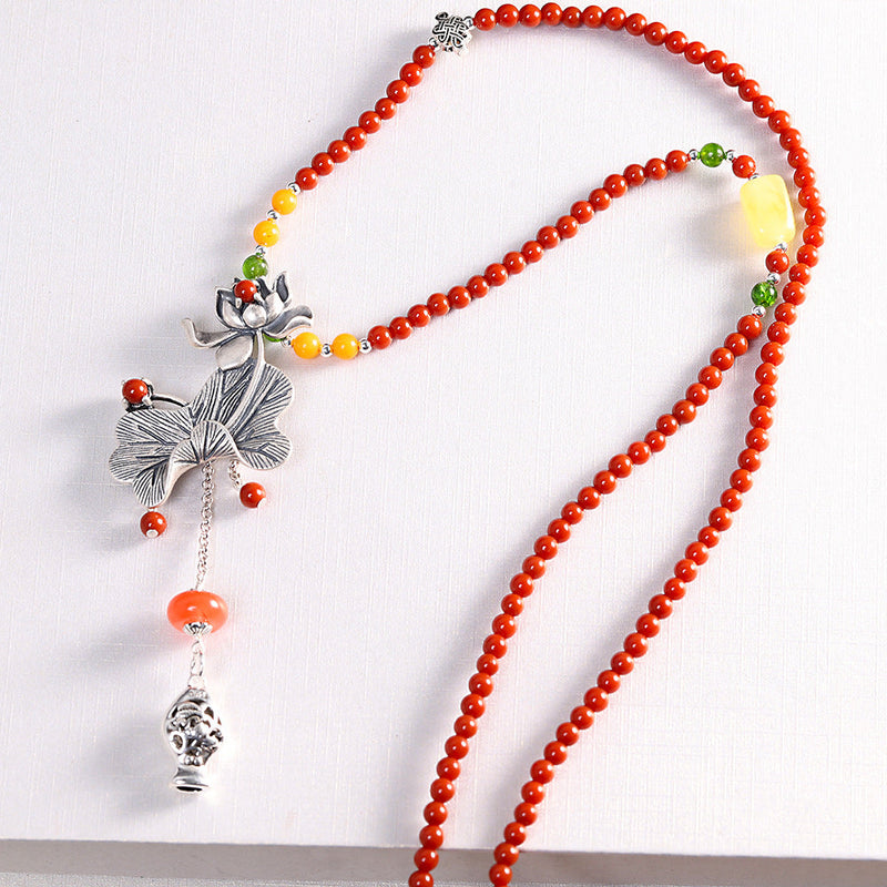 Handmade Red Coral Necklace with Silver Lotus