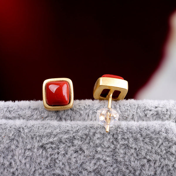 Vintage Red Coral Square Stud Earrings for Women