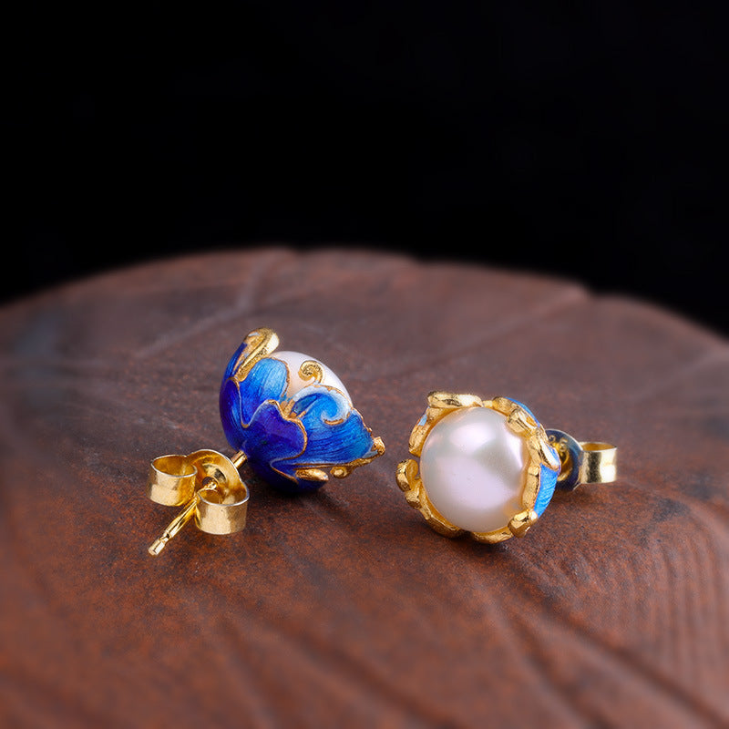 Elegant Pearl Studs with Ornate Enamel Crown