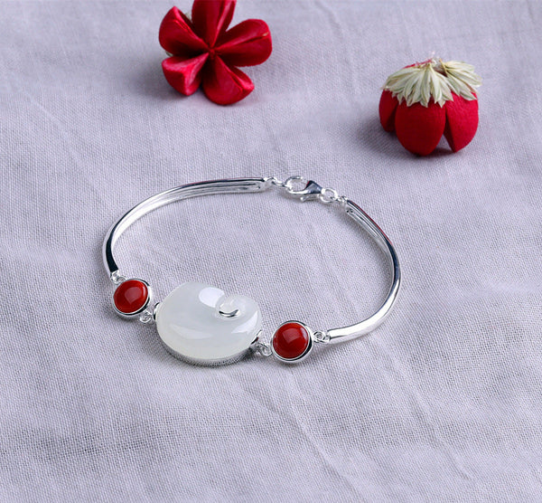 Elegant Jade and Silver Bracelet with Red Accents - SL01169