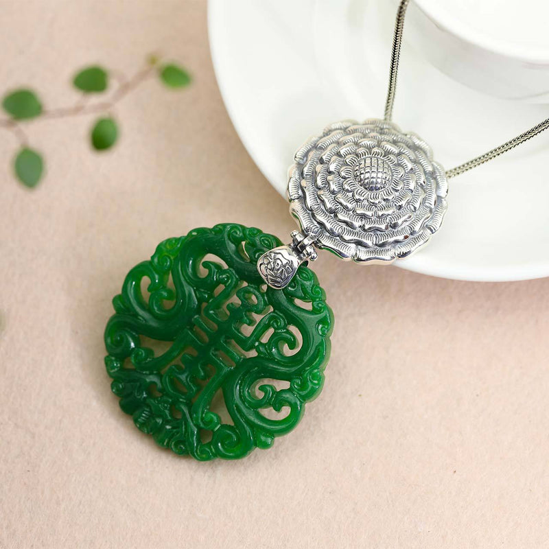 Elegant Jade and Silver Lotus Pendant - S925