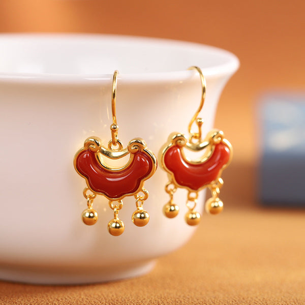 Gold-Plated Red Agate Lock Earrings - Elegant