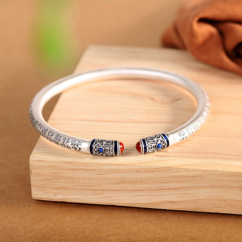 Sterling Silver Tibetan Bangle with Enamel Accents