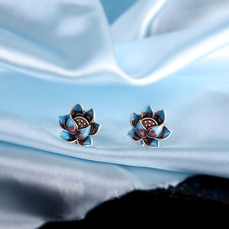 Sterling Silver Lotus Earrings with Blue Enamel