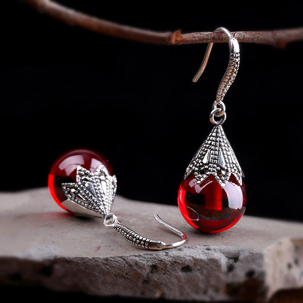 Garnet Drop Earrings with Silver Filigree ??Women