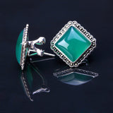 Green Agate Square 925 Silver Earrings for Women