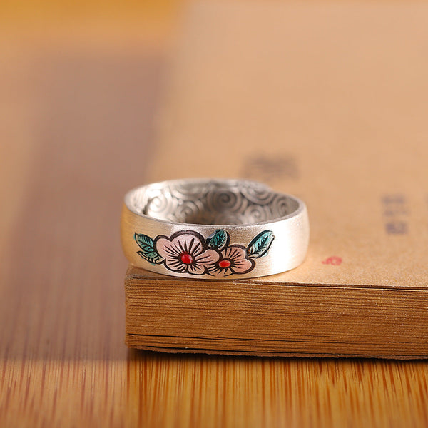 Sterling Silver Floral Enamel Ring for Women