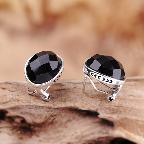 Faceted Black Onyx Clip Earrings for Elegant Women