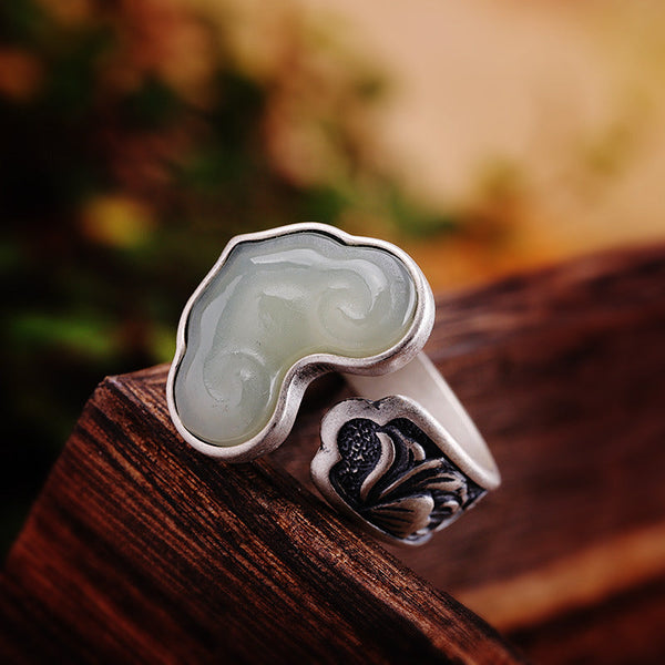 Green Jade Cloud Sterling Silver Ring - Vintage Style