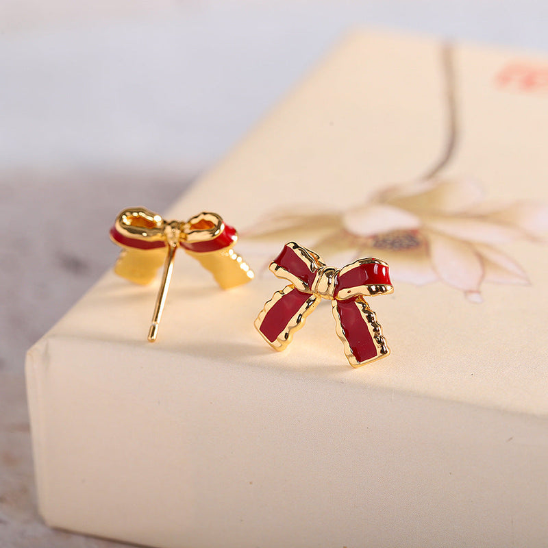 Ruby Red Bow Earrings with Gold Trim - Elegant Accessories for Women