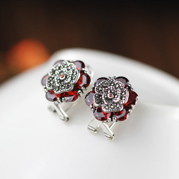 Elegant Garnet Floral Silver Earrings - Vintage Style