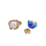 Elegant Pearl Studs with Ornate Enamel Crown