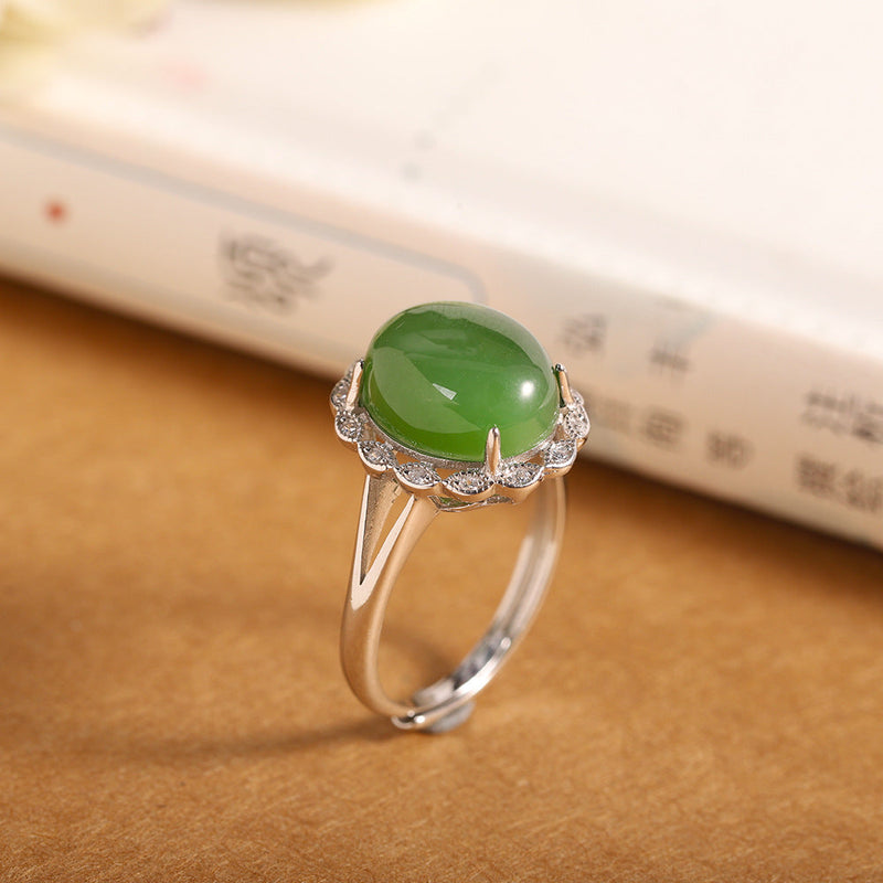 Elegant 925 Silver Jade Ring with Gem Halo