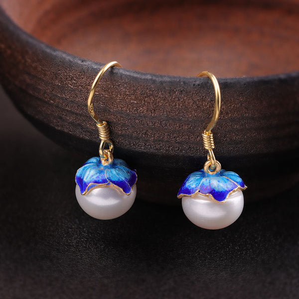 Lapis Blue Pearl Earrings - Elegant Gold Hooks