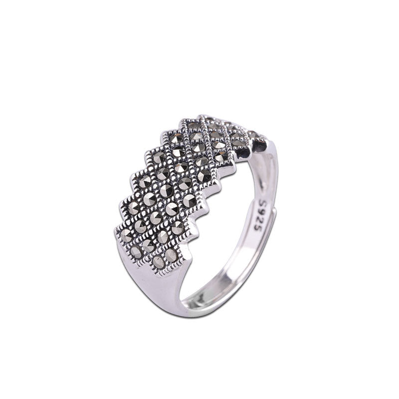 Vintage-Inspired S925 Silver Marcasite Geometric Ring