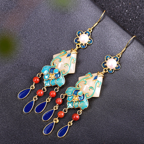 Turquoise Blossom Pearl Dangling Earrings - S925