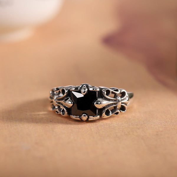 Sterling Silver Fleur-de-Lis Black Gem Ring