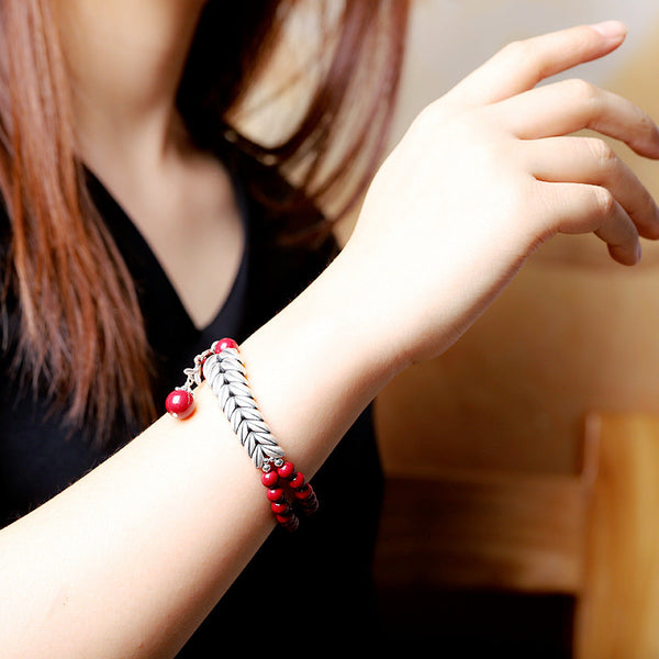 Green and Red Sandalwood Beaded Bracelet with Lotus Charm -  Edition