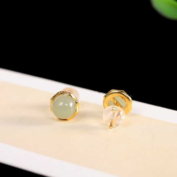 Gold-Plated Jade Stud Earrings for Elegant Women