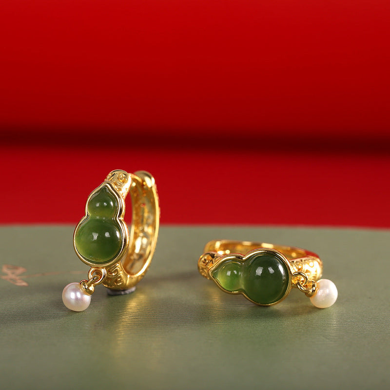 Gold Jade Gourd Earrings with Pearl Charm