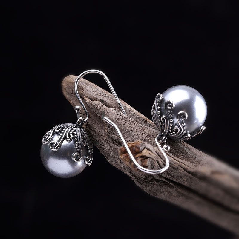 Vintage Silver Filigree Pearl Earrings for Women