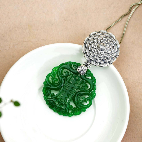 Elegant Jade and Silver Lotus Pendant - S925