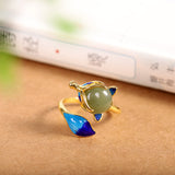 Mystic Blue Jade Fox Sterling Ring S925