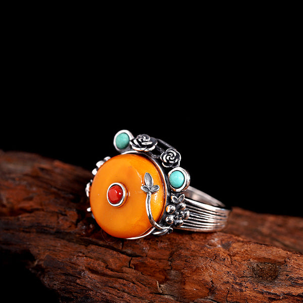 Vintage Silver Ring with Honey Amber - Artisanal