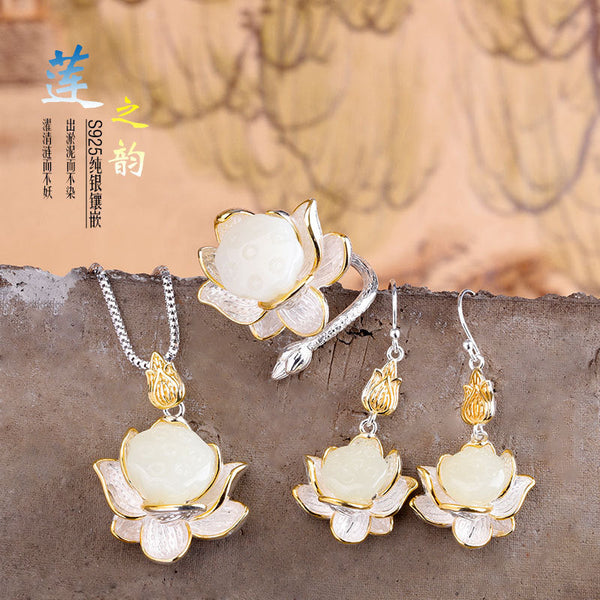 Lotus Blossom Elegance: S925 Silver Jade Set