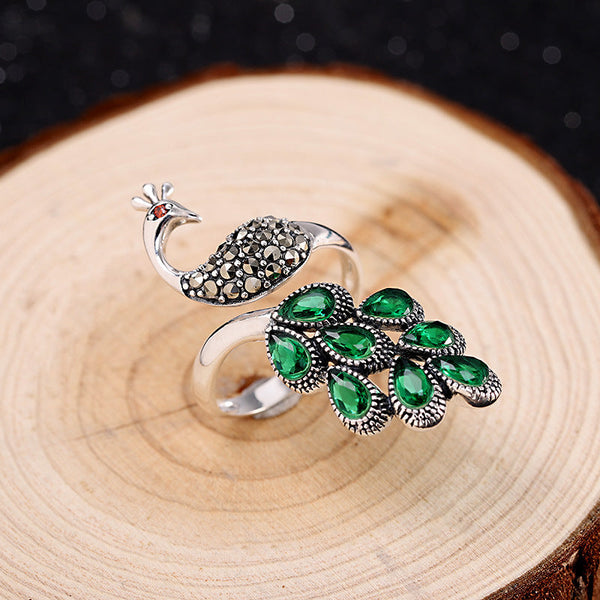 Emerald Feather Marcasite Sterling Silver Peacock Ring