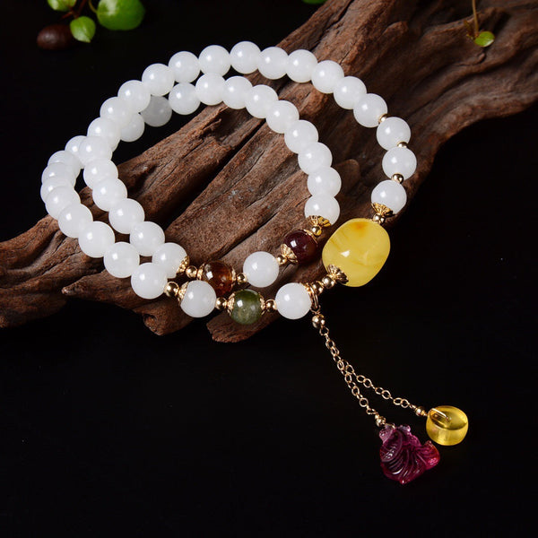 White Jade and Amber Beaded Bracelet for Women