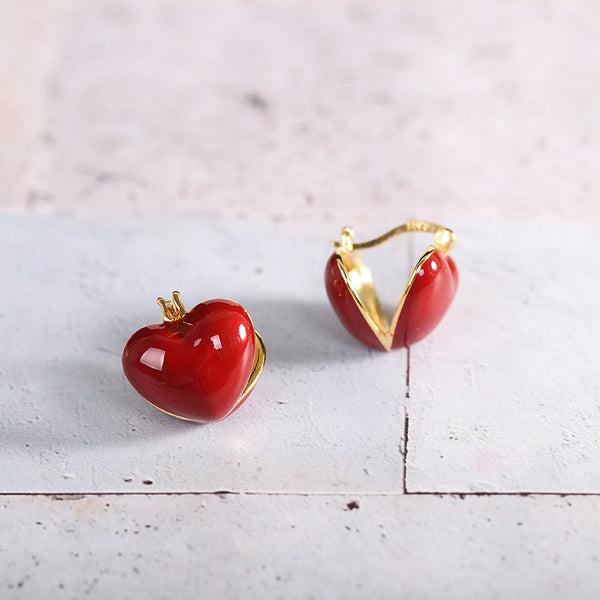 Golden Red Heart Enamel Earrings - Elegant Women? Accessory