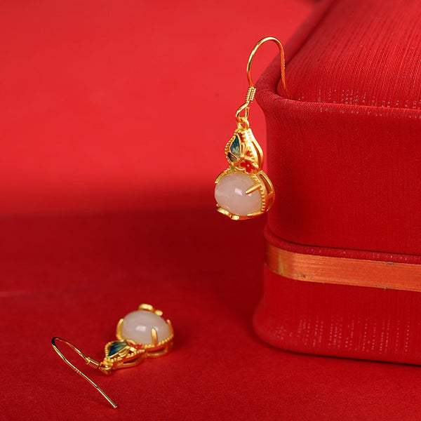 Gold-Plated Jade Earrings with Enamel Inlay - Elegant Women's Accessory