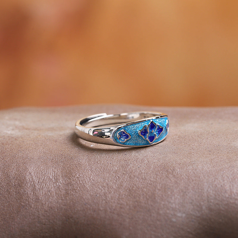 Blue Enamel S925 Sterling Silver Floral Ring