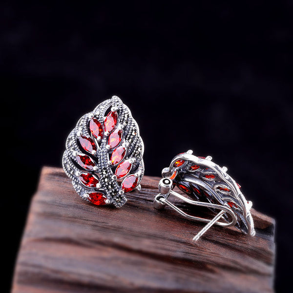 Vintage Garnet Leaf Earrings in Sterling Silver