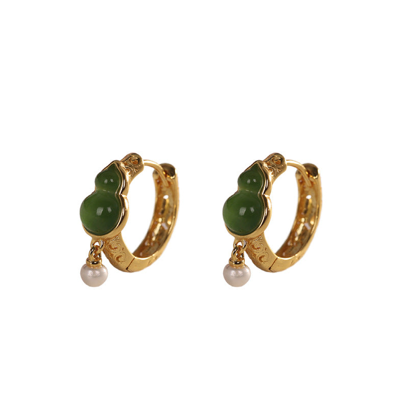 Gold Jade Gourd Earrings with Pearl Charm